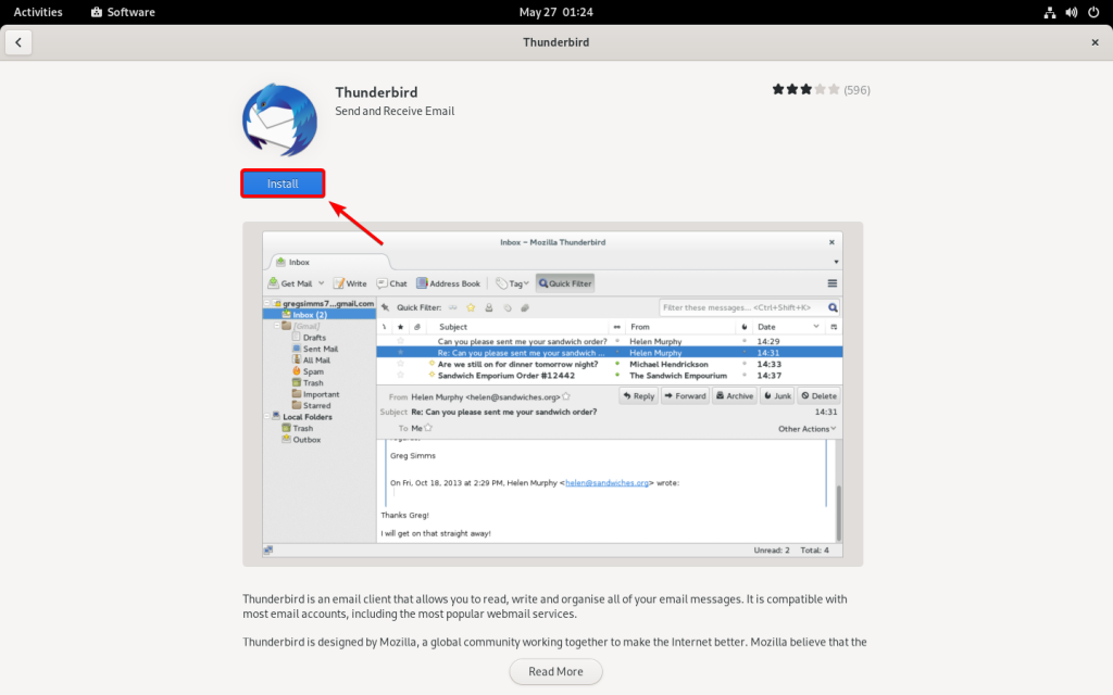 Click Install To Install Thunderbird On Fedora