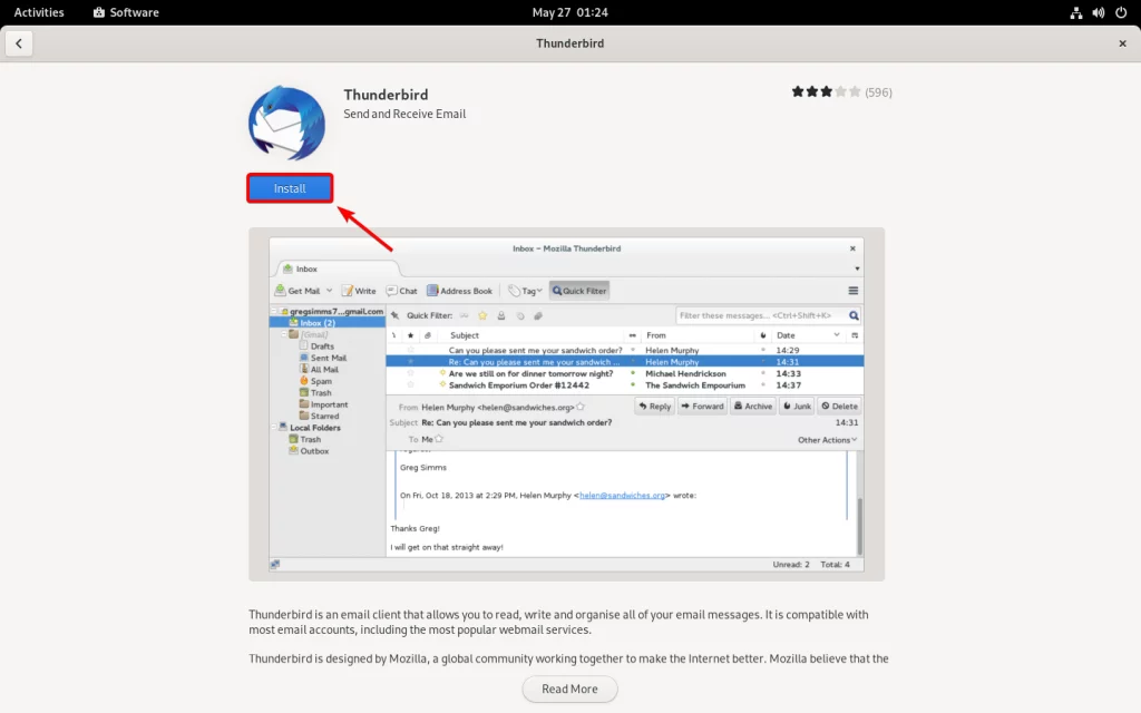klik op Installeren om Thunderbird te installeren op Fedora