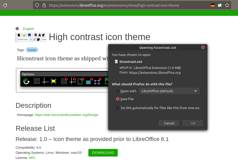 Downloading High Contrast Icon Theme Libreoffice