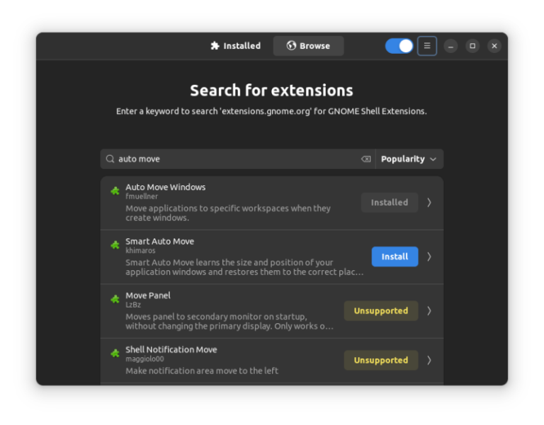 Extension Manager Search feature