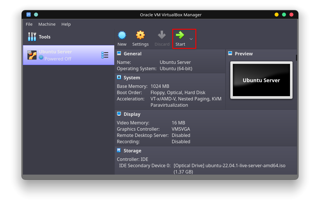 Start Ubuntu Server Virtual Box