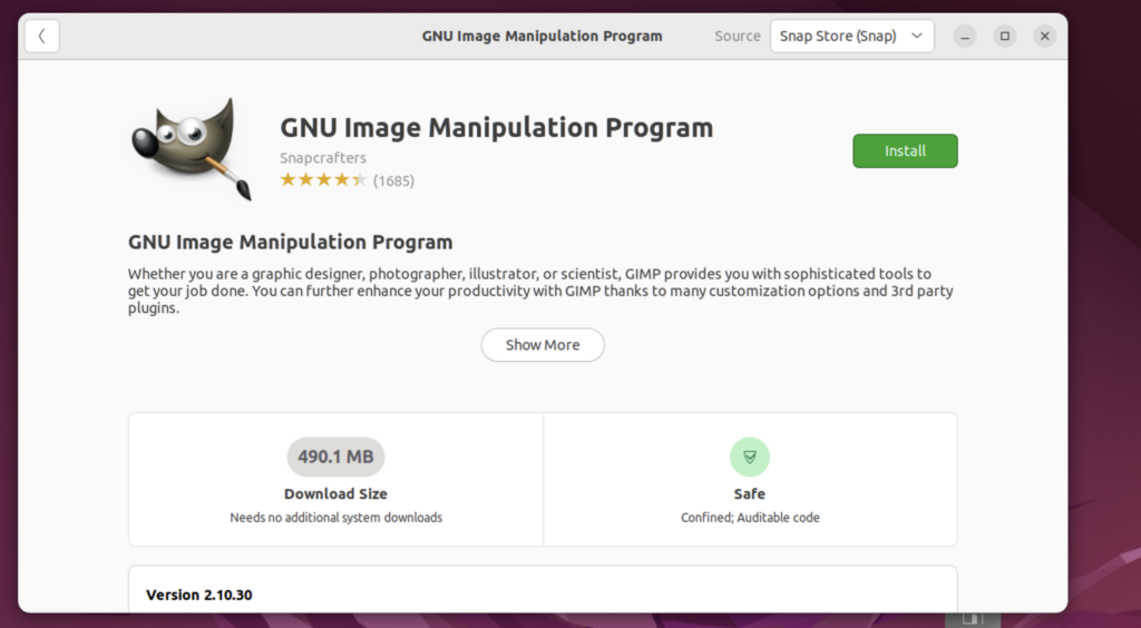 Installing GIMP Software Center