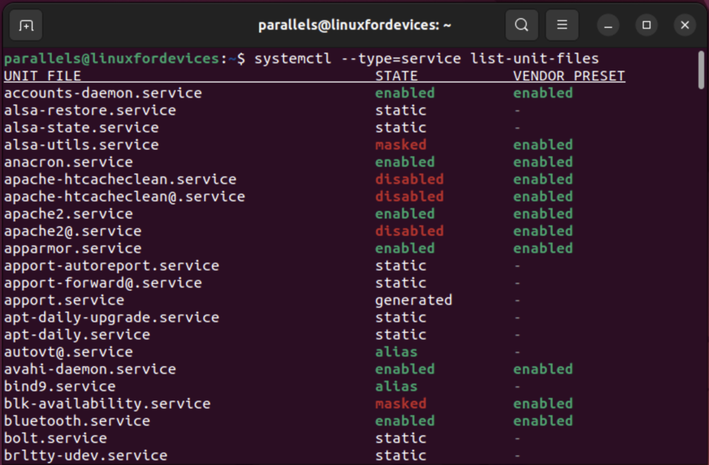 systemctl --type=service list-unit-files