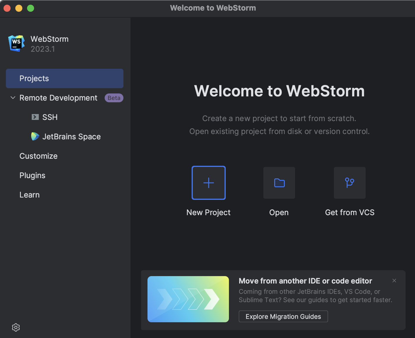 WebStorm Welcome Screen