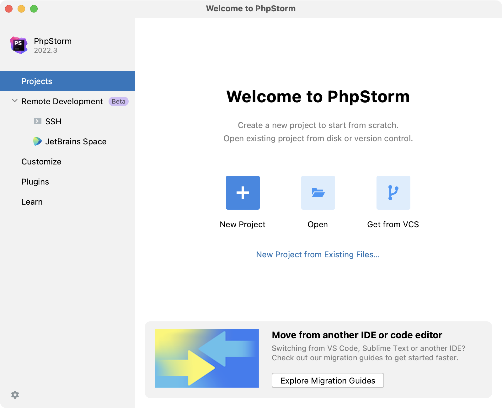PhpStorm Welcome Screen