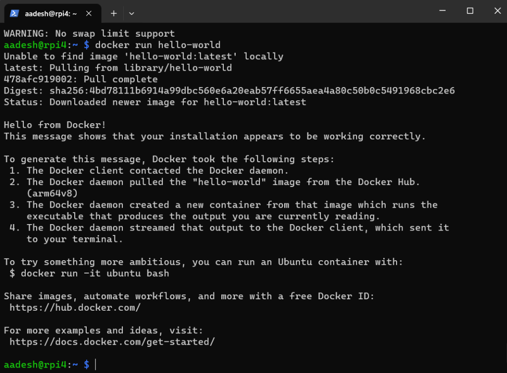 The Hello World Container Is Running Successfully On Your Raspberry Pi
